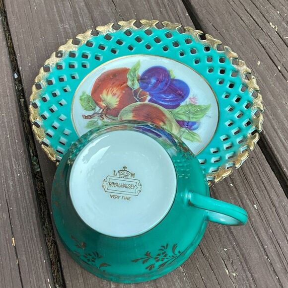Royal Halsey Very Fine Tea Cup and Saucer Set Fruit Motif Turquoise Gold Trim - Picture 4 of 7